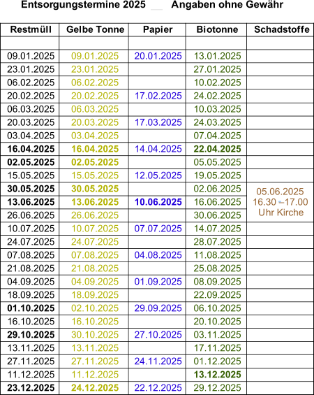Entsorgungstermine 2025         Angaben ohne Gewähr Restmüll Gelbe Tonne Papier Biotonne Schadstoffe 09.01.2025 09.01.2025 20.01.2025 13.01.2025 23.01.2025 23.01.2025 27.01.2025 06.02.2025 06.02.2025 10.02.2025 20.02.2025 20.02.2025 17.02.2025 24.02.2025 06.03.2025 06.03.2025 10.03.2025 20.03.2025 20.03.2025 17.03.2025 24.03.2025 03.04.2025 03.04.2025 07.04.2025 16.04.2025 16.04.2025 14.04.2025 22.04.2025 02.05.2025 02.05.2025 05.05.2025 15.05.2025 15.05.2025 12.05.2025 19.05.2025 30.05.2025 30.05.2025 02.06.2025 13.06.2025 13.06.2025 10.06.2025 16.06.2025 26.06.2025 26.06.2025 30.06.2025 10.07.2025 10.07.2025 07.07.2025 14.07.2025 24.07.2025 24.07.2025 28.07.2025 07.08.2025 07.08.2025 04.08.2025 11.08.2025 21.08.2025 21.08.2025 25.08.2025 04.09.2025 04.09.2025 01.09.2025 08.09.2025 18.09.2025 18.09.2025 22.09.2025 01.10.2025 02.10.2025 29.09.2025 06.10.2025 16.10.2025 16.10.2025 20.10.2025 29.10.2025 30.10.2025 27.10.2025 03.11.2025 13.11.2025 13.11.2025 17.11.2025 27.11.2025 27.11.2025 24.11.2025 01.12.2025 11.12.2025 11.12.2025 13.12.2025 23.12.2025 24.12.2025 22.12.2025 29.12.2025 05.06.2025   16.30 – 17.00  Uhr Kirche